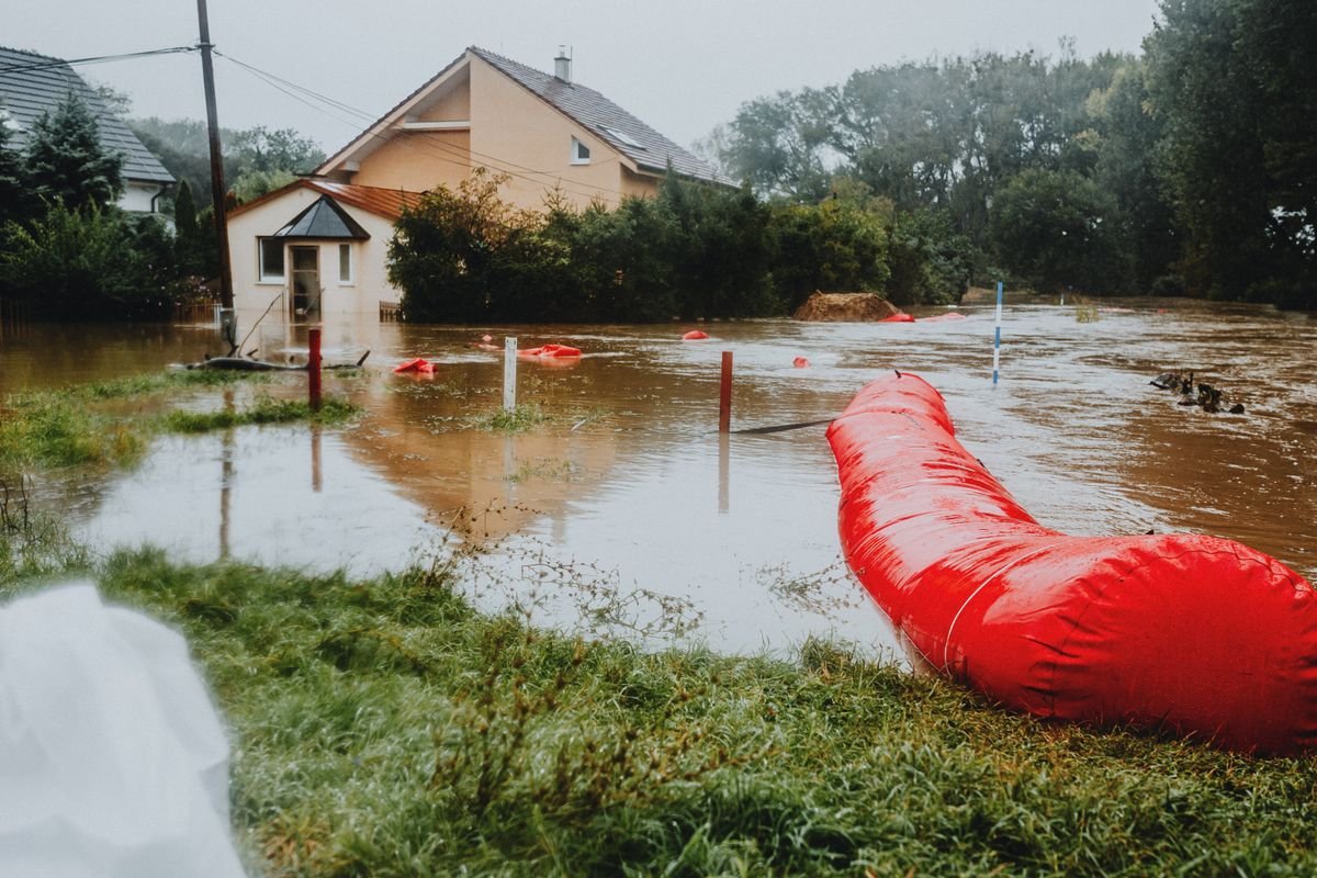 Flooded residential street after heavy storm rains